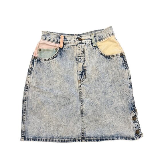 Vintage Hollywood Era Denim Skirt | Acid Wash Patch Pocket Mini - Picture 1 of 7